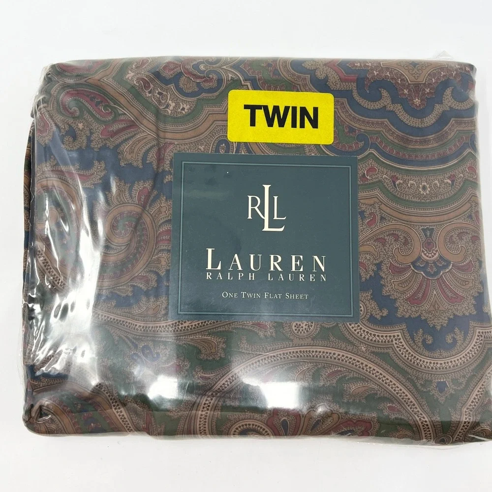 Lauren Ralph‎ Lauren Twin Flat Sheet Paisley Navy Green Burgundy Gold New NIP